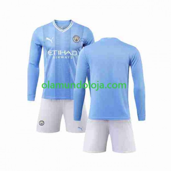 Camisola Manchester City Criança Equipamento Primeiro 2023-2024 Manga Comprida